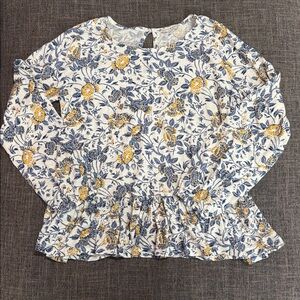 Lucky Brand Floral Peplum Blouse Small Blue Mustard Cotton Modal Boho